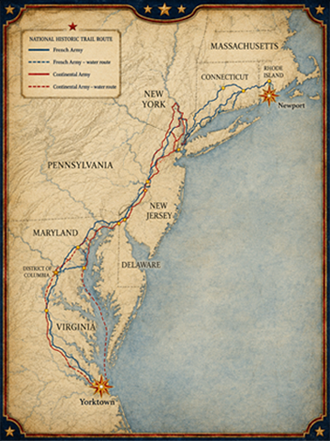 Map of the Washington–Rochambeau Revolutionary Route showing French and Continental Army routes from Newport, Rhode Island, to Yorktown, Virginia.