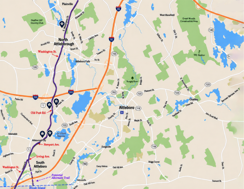 Map of the Washington–Rochambeau Revolutionary Route through Attleboro, North Attleborough, and South Attleboro, highlighting the trail and nearby modern roads.