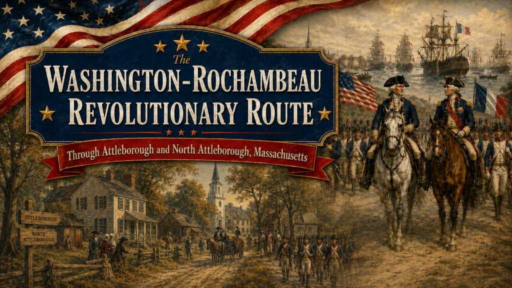 Historical banner for the Washington–Rochambeau Revolutionary Route through Attleborough and North Attleborough, featuring colonial soldiers, officers on horseback, ships, and a New England village.
